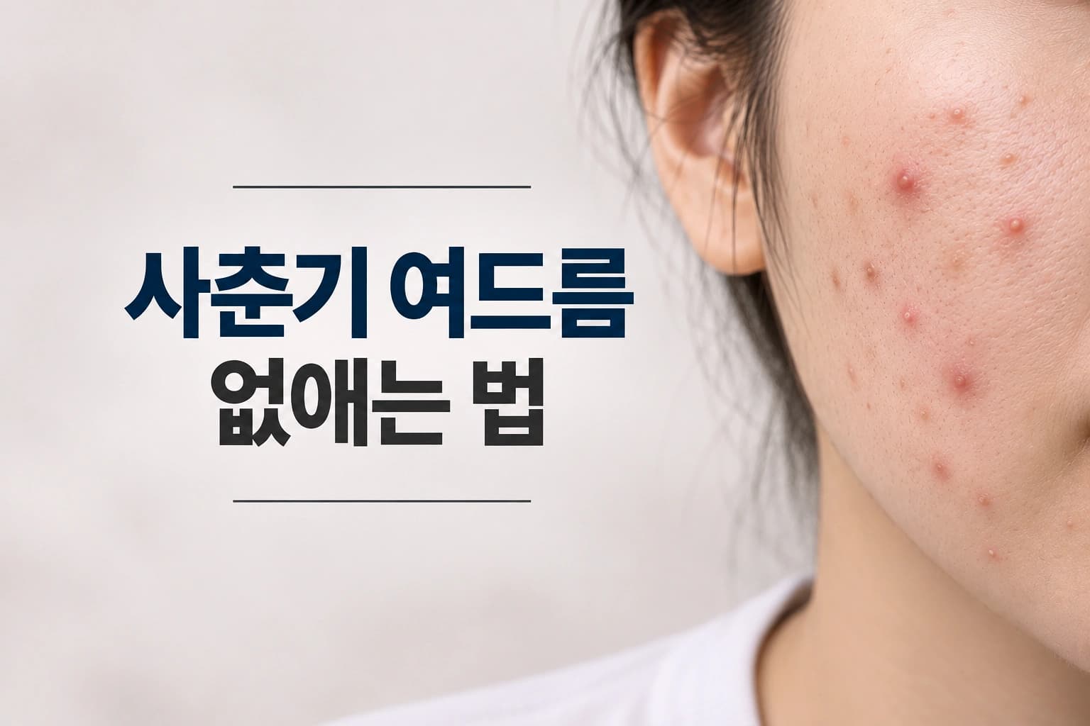 염증성 여드름이 보이는 얼굴과 ‘사춘기 여드름 없애는 법’을 주제로 한 썸네일