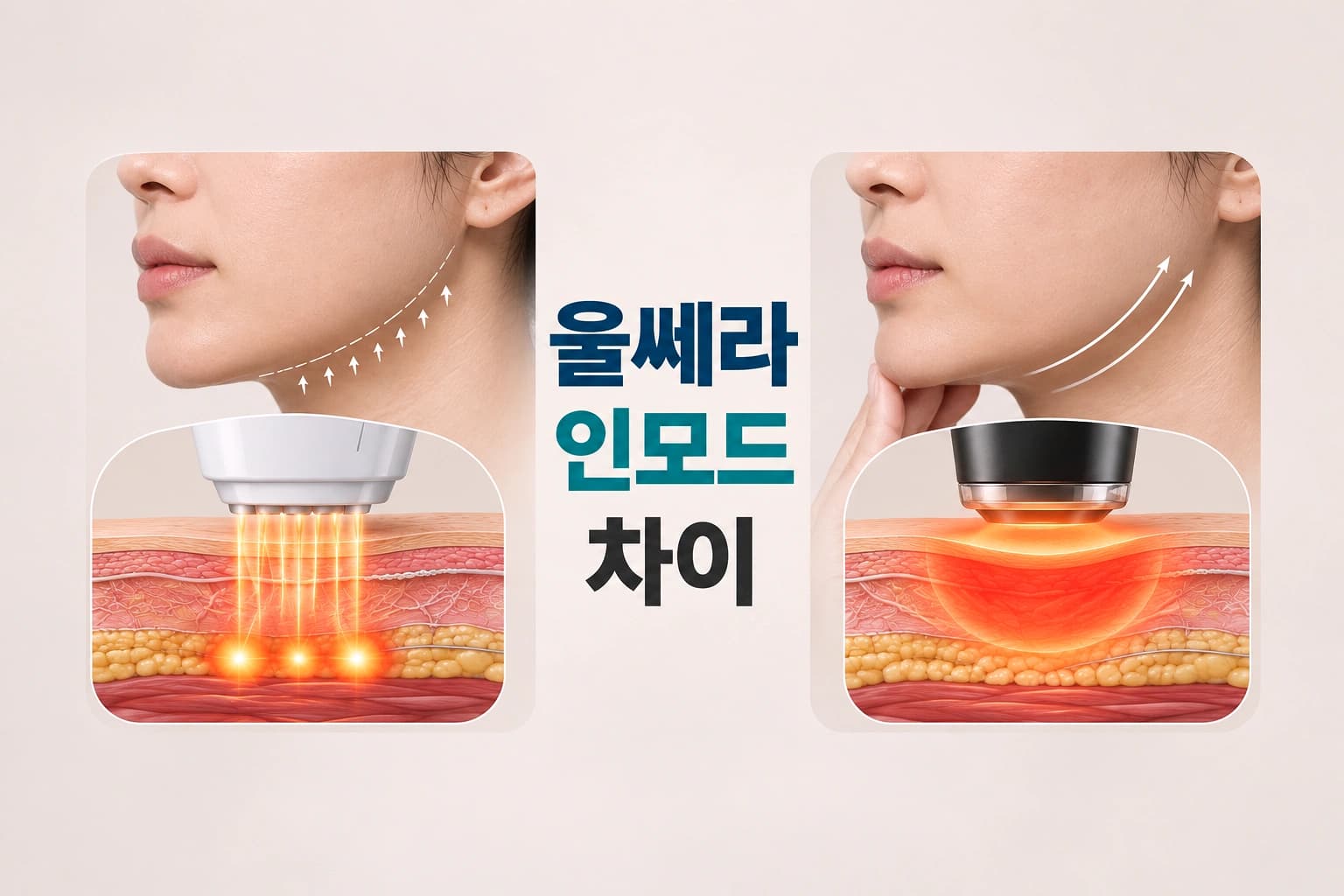 울쎄라와 인모드의 리프팅 작용 방식 및 턱선 개선 원리를 비교한 썸네일 이미지